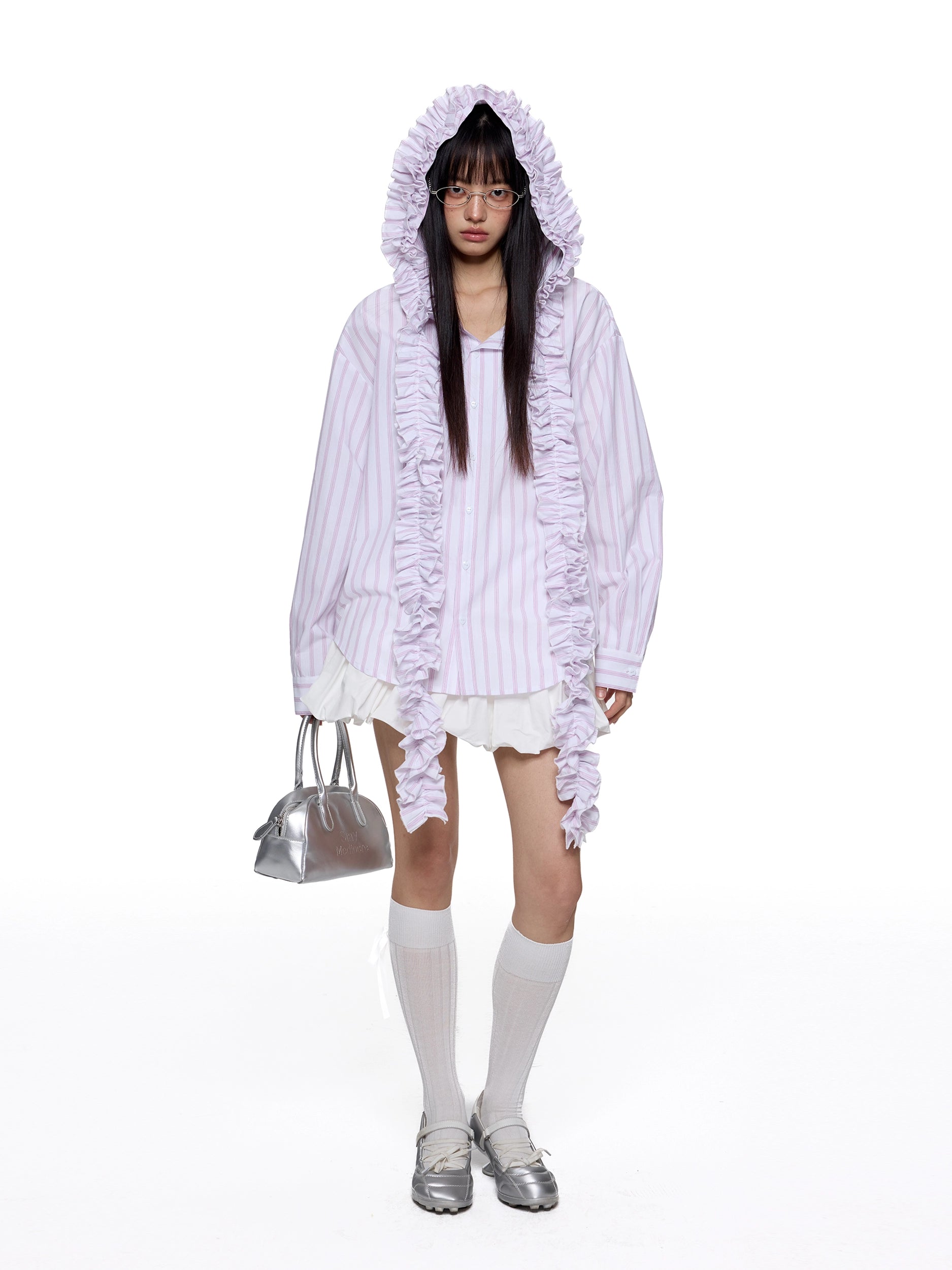 EZEK Striped Pleated Fringed Hooded Long-sleeved Shirt