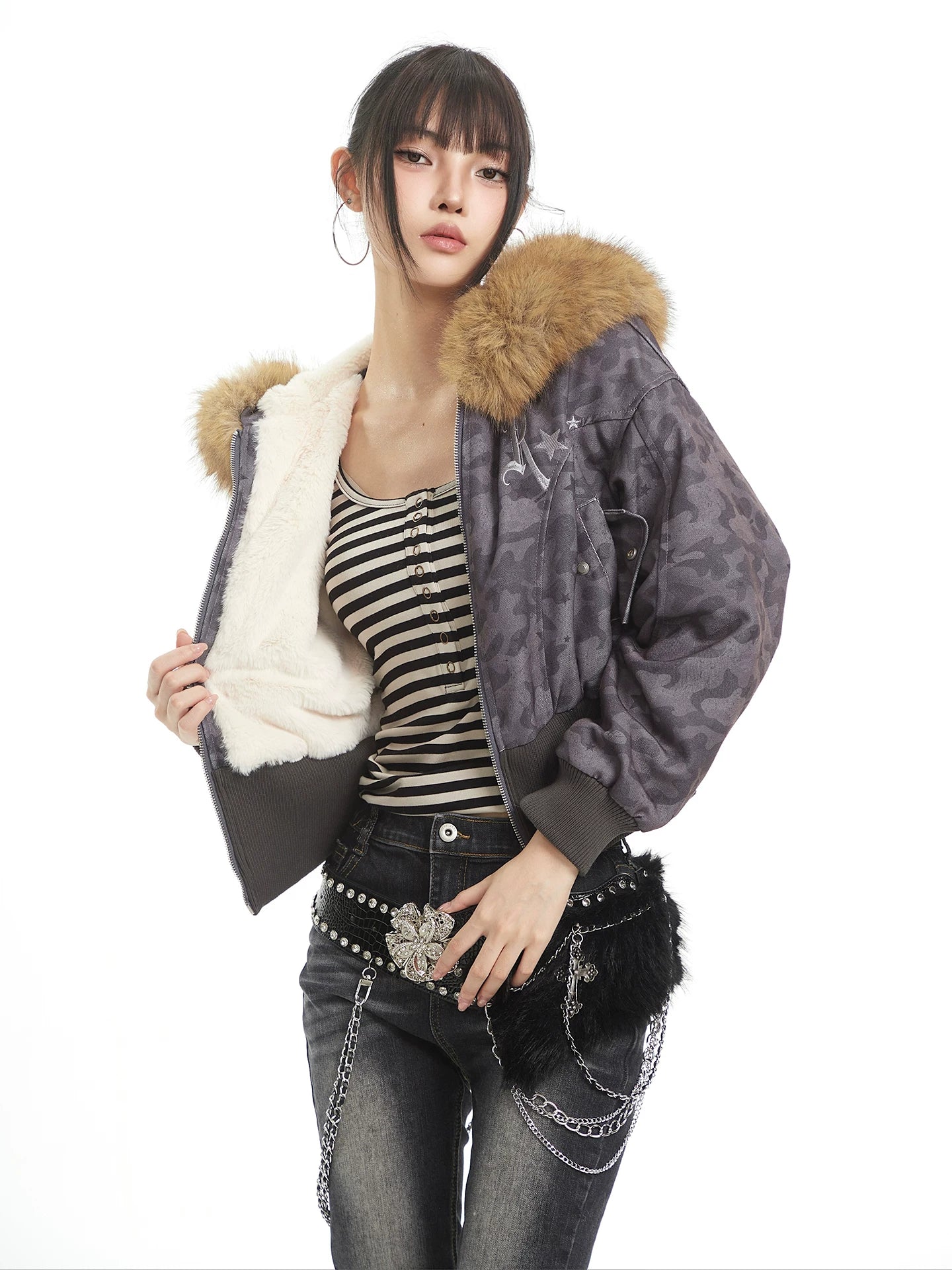 UNCMHISEX Vintage Camouflage Fleece Collar Fleece Waist Short Jacket