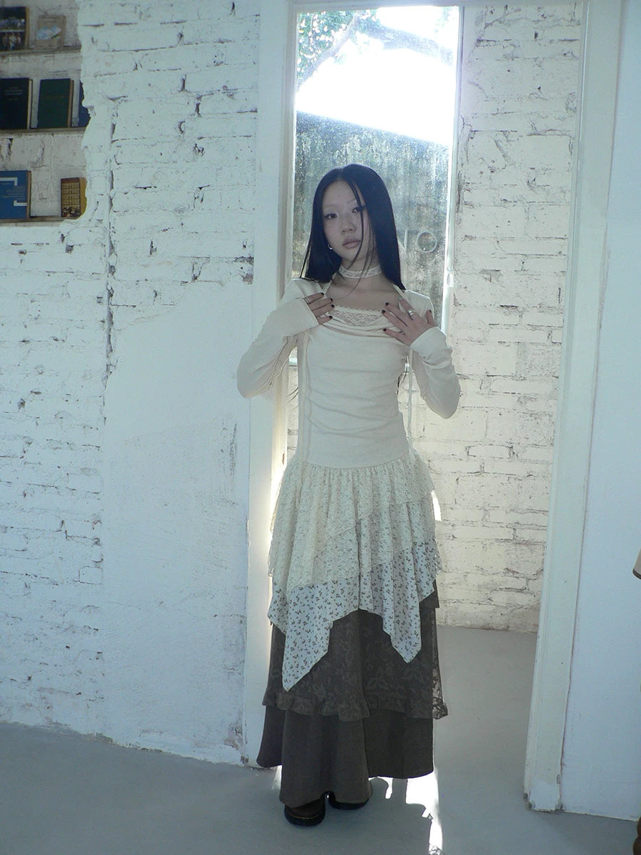 Ang: Project Lace Floral Stitching Irregular Skirt Long Sleeve