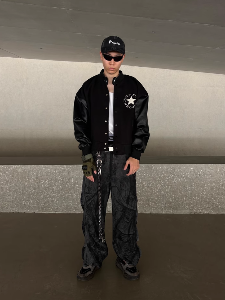 [KONOOT] BOMBER star embroidery short wide shoulder padded Jacket