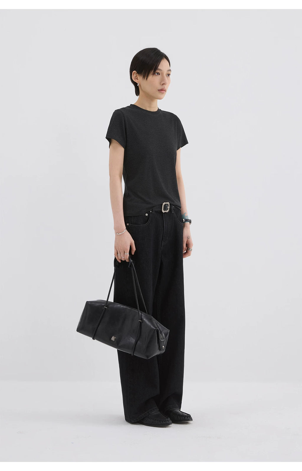 Sameuoo Front Shoulder Slim Striped Tee