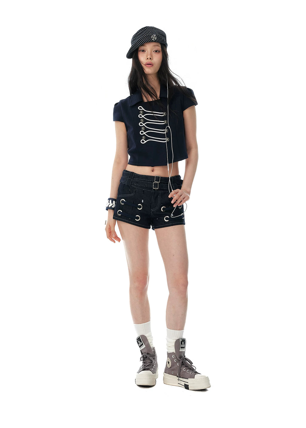 JIKOO Double Belt Denim Shorts