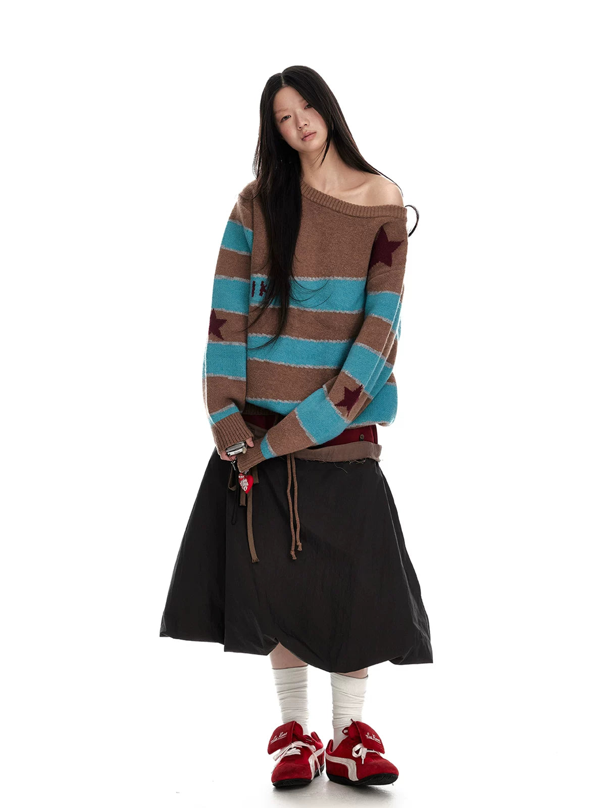Jikoo Contrasting Color Splicing Jacquard Loose Striped Sweater