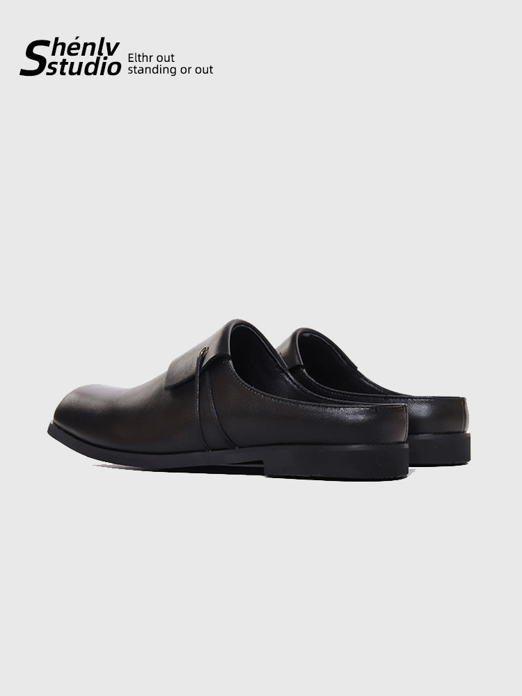 SHENLV STUDIO Laminated Baotou Muller Shoes Casual Square Head Leather Shoes