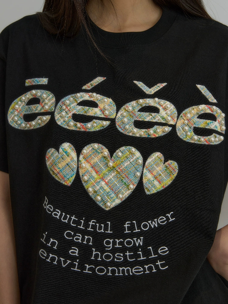 EeeeArtmonster Love Patch Pearl Beads Letter Tee