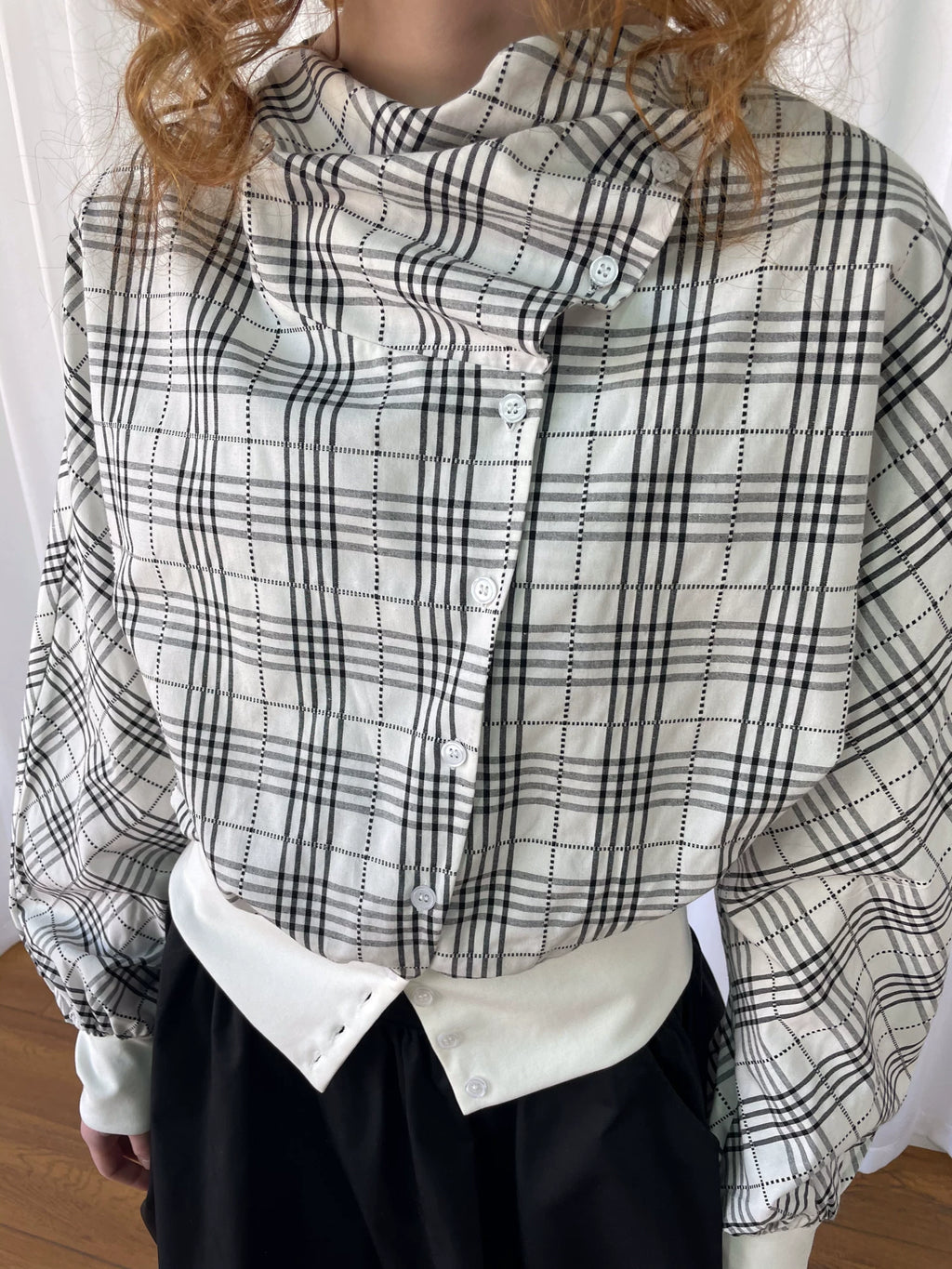 Loosesmell Plaid Pleated Collar Long-sleeved Shirt Jacket
