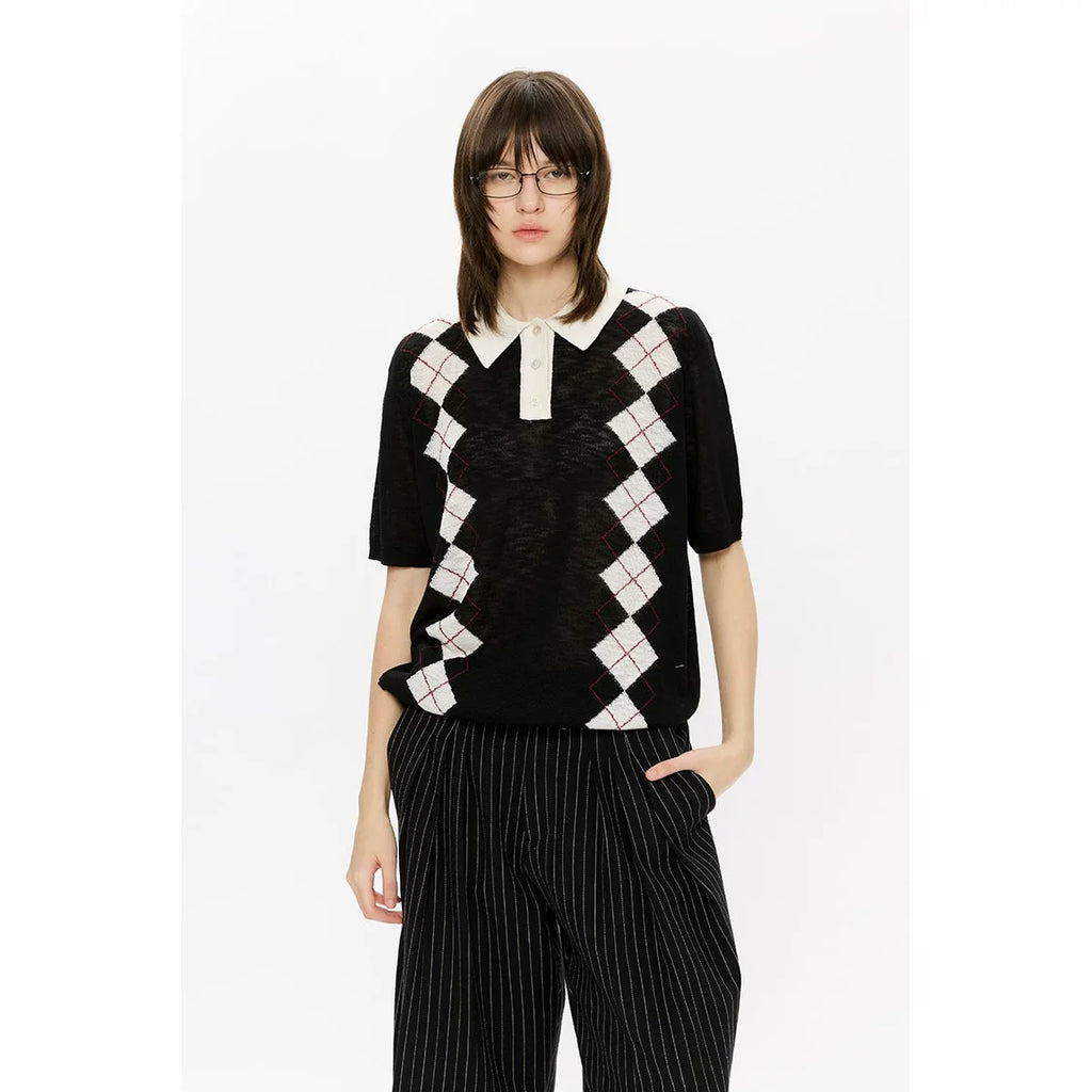 KREATE Rhombus Vertical Contrasting Casual Knitted Tee