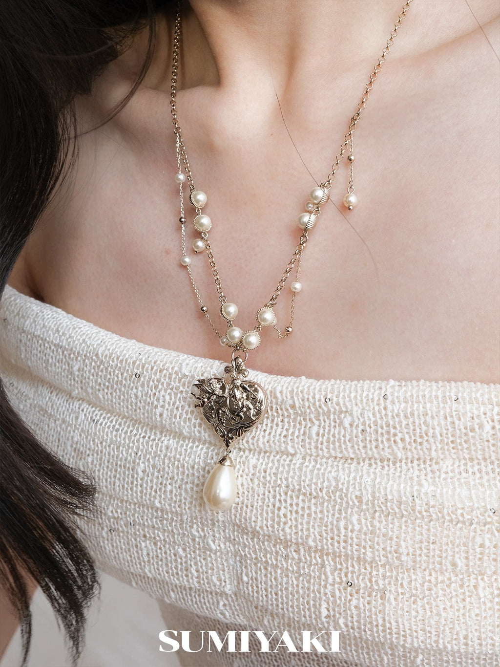 SUMIYAKI Double-sided Relief Love Pearl Necklace