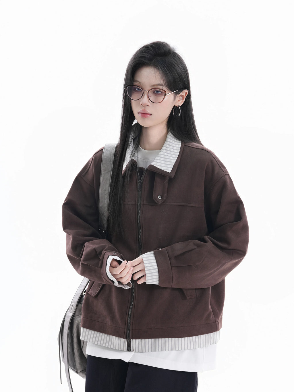 Zuocisankon Vintage Suede Face Splicing Fake Two-piece Jacket