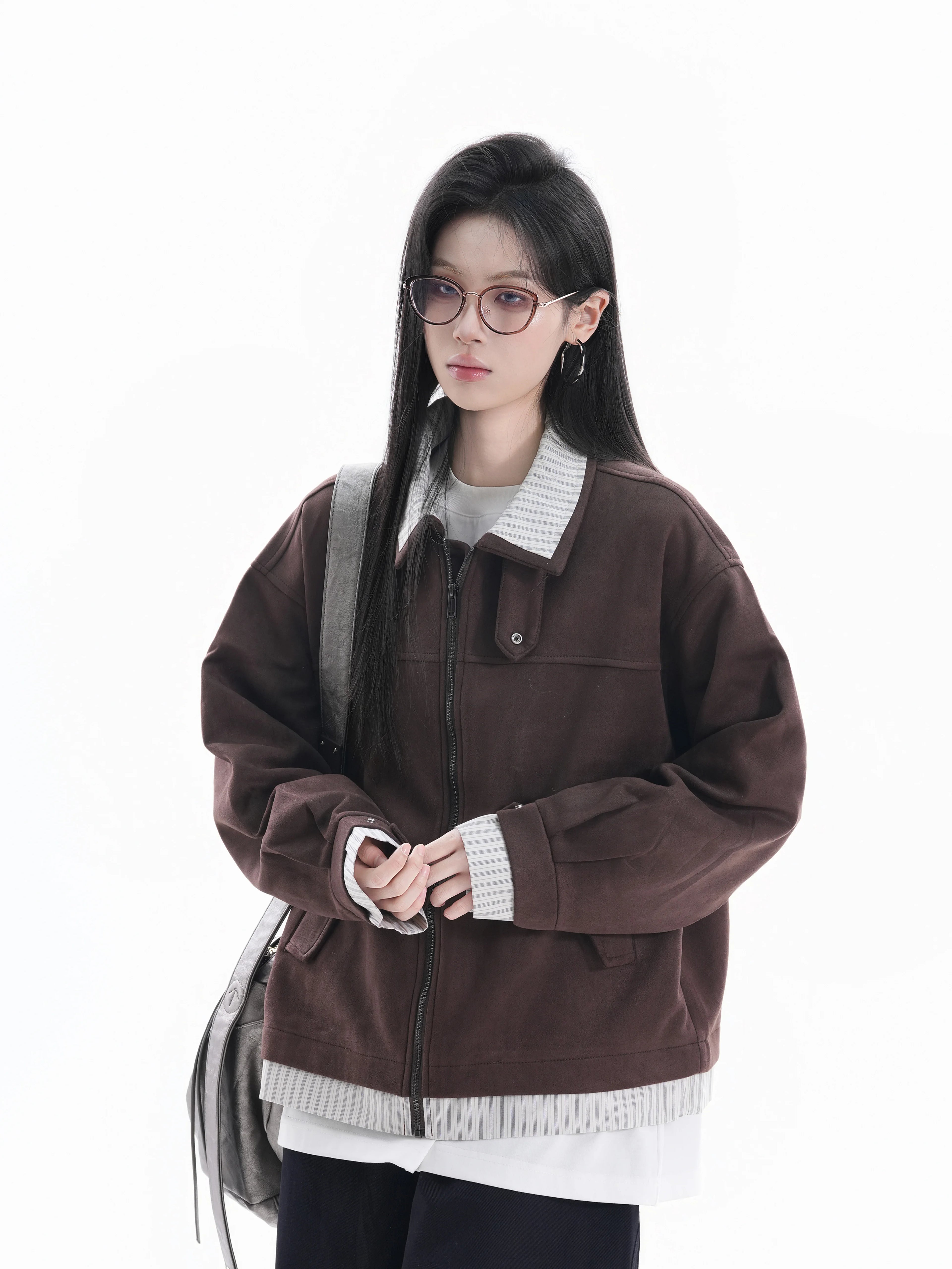 Zuocisankon Vintage Suede Face Splicing Fake Two-piece Jacket