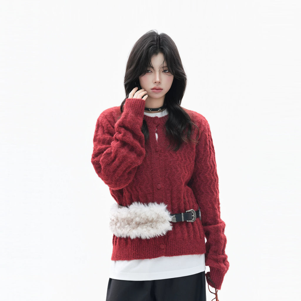 Zuocisankon Detachable Fur Collar Twist Knitted Cardigan Sweater