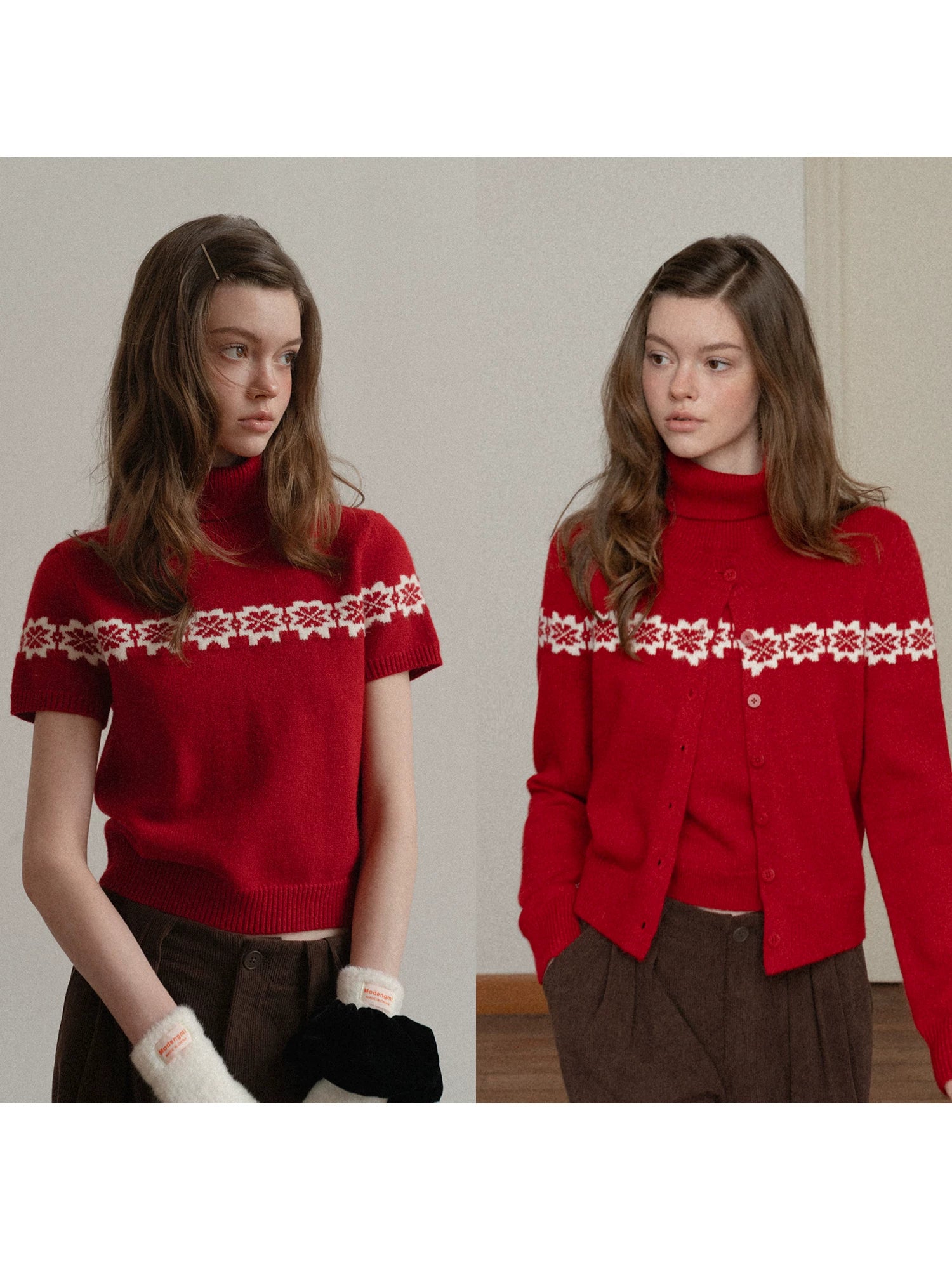 EGGKA crew neck jacquard cardigan + turtleneck short-sleeved knitted sweater
