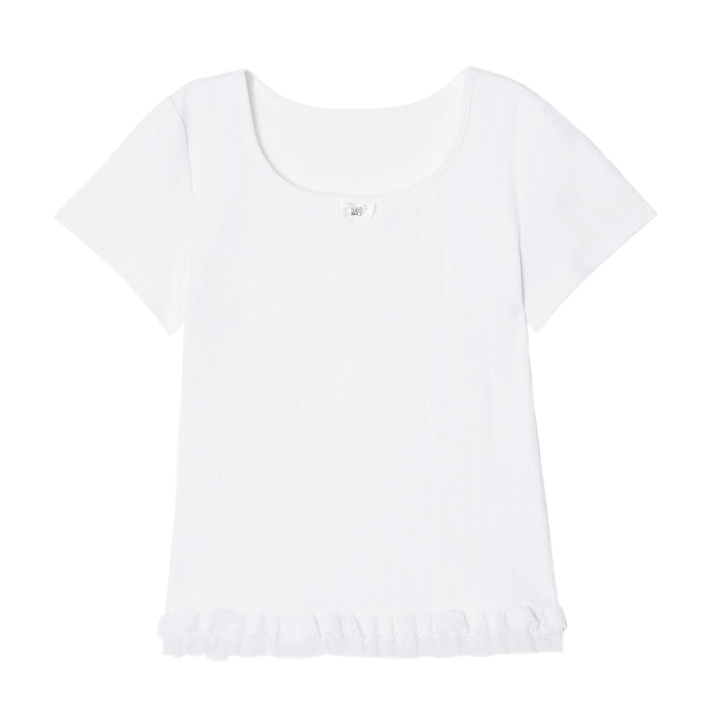 XUJING Front Shoulder Lace Edge Hem Waist Thin Tee