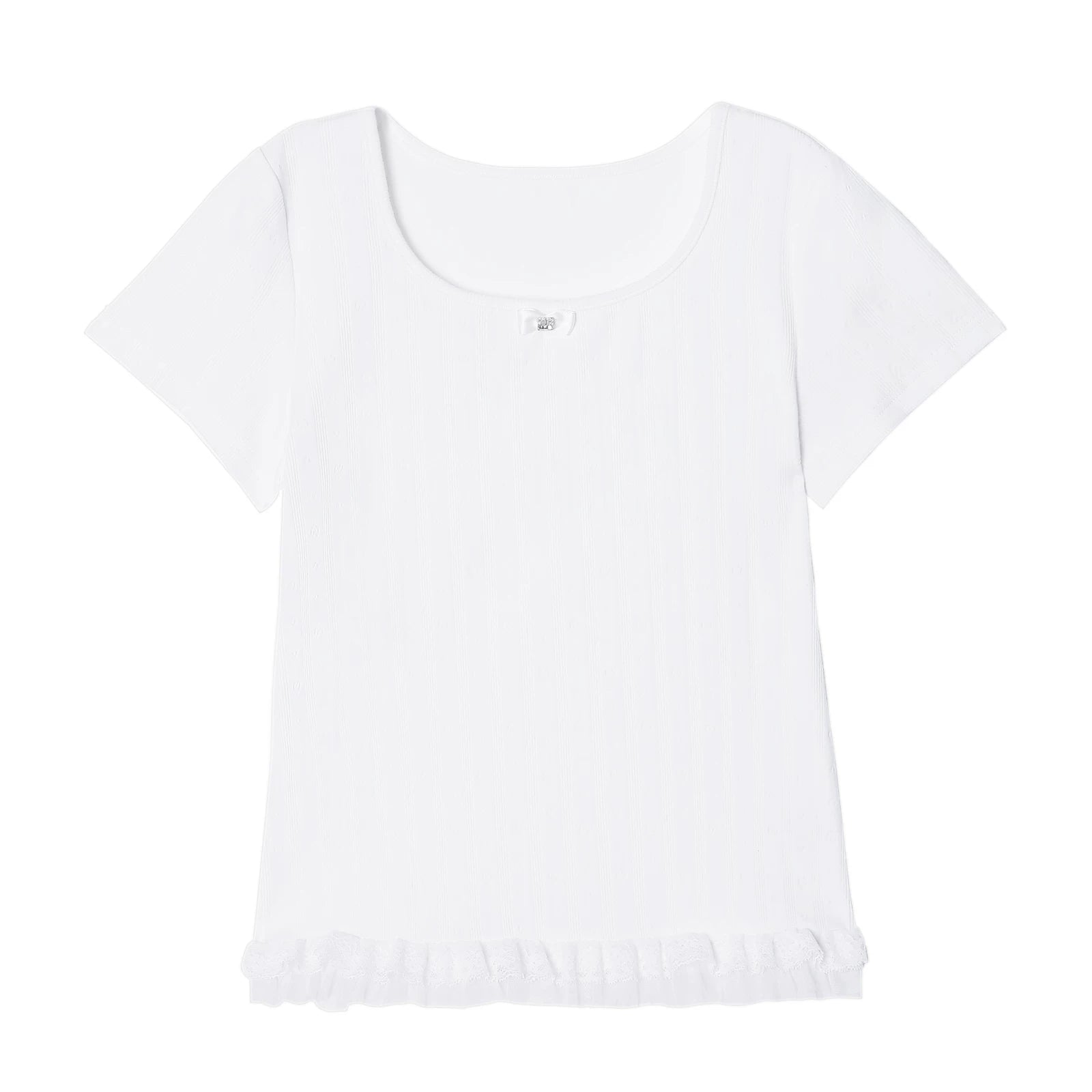 XUJING Front Shoulder Lace Edge Hem Waist Thin Tee