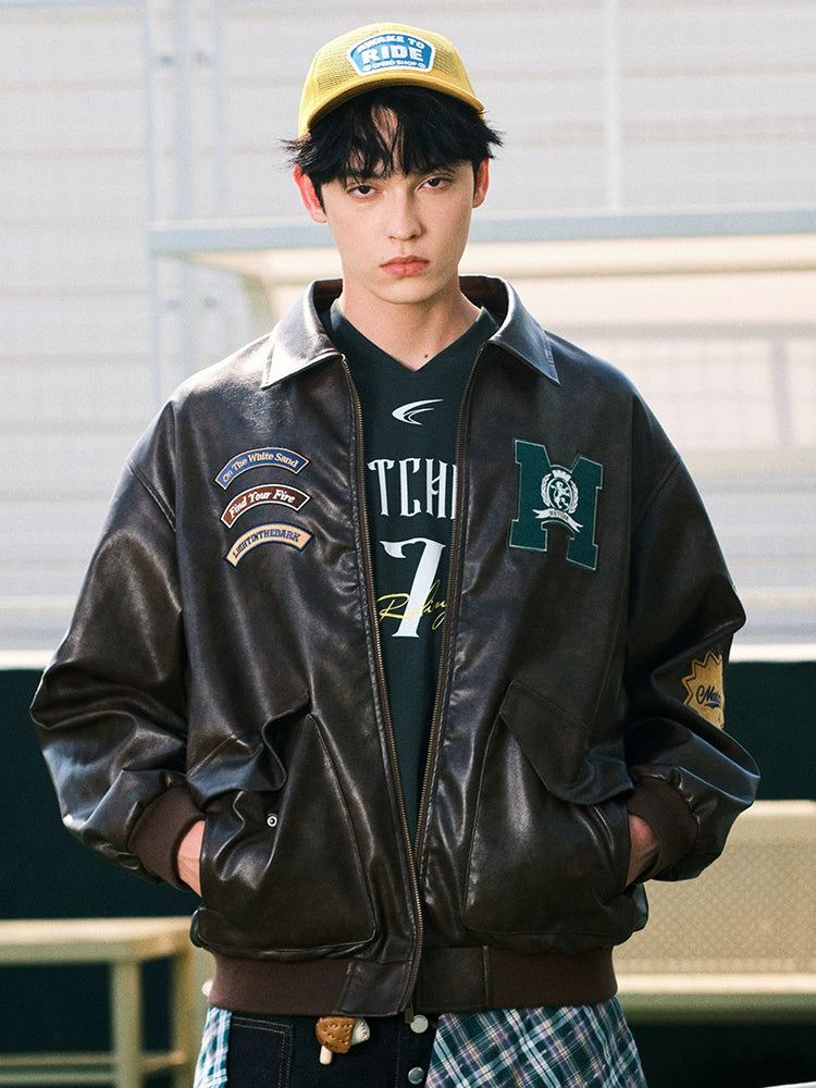 MATCHA STORY Badge Embroidered Lapel Leather Jacket