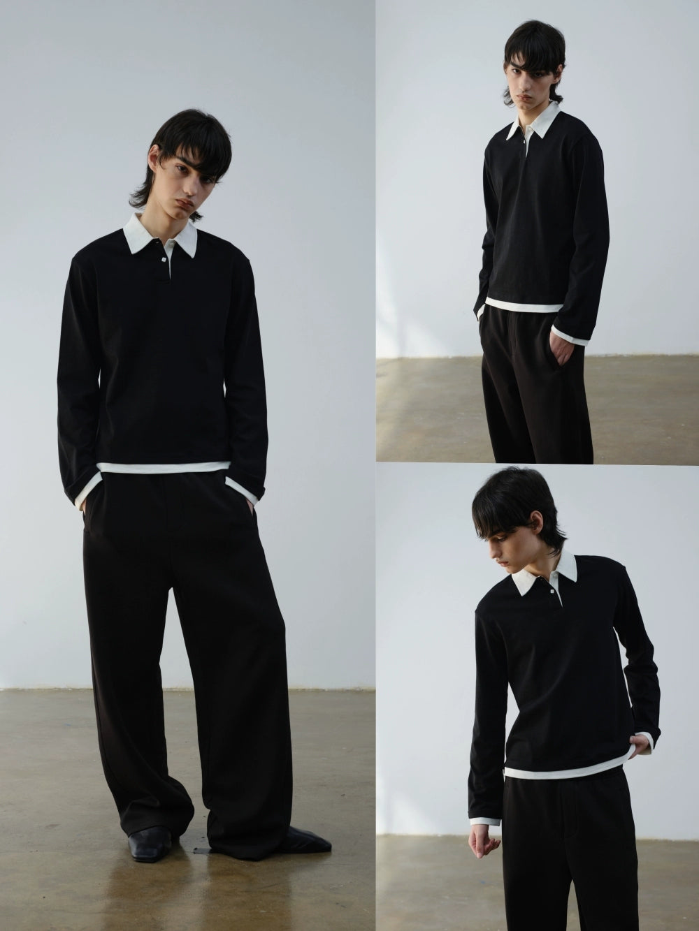VLABMADE Vintage Fake Two-piece Contrasting Polo Collar Long Sleeve