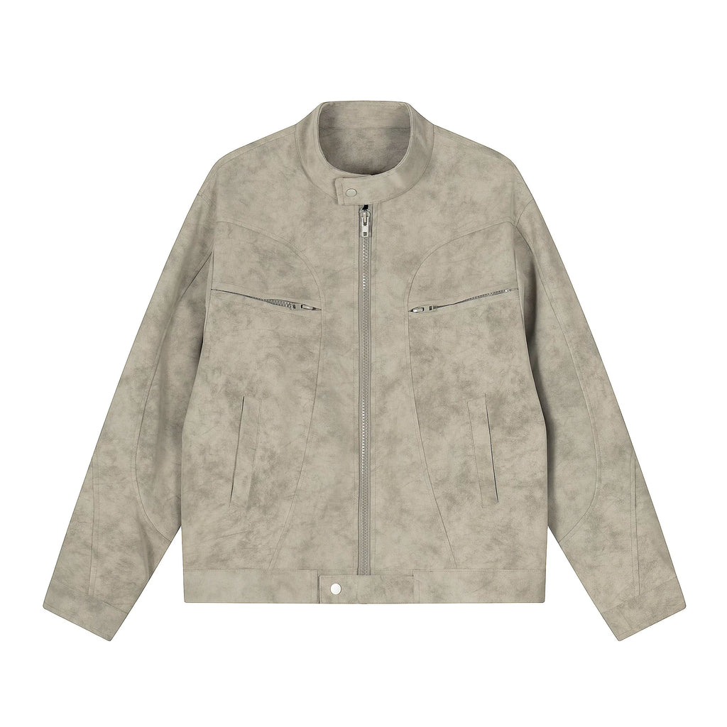 Zuocisankon Stand-up Collar PU Leather Jacket