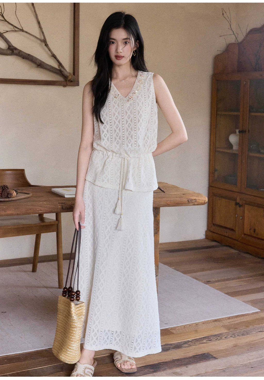 TYANG Bead Drawstring Top Hollow High Waist Skirt Set