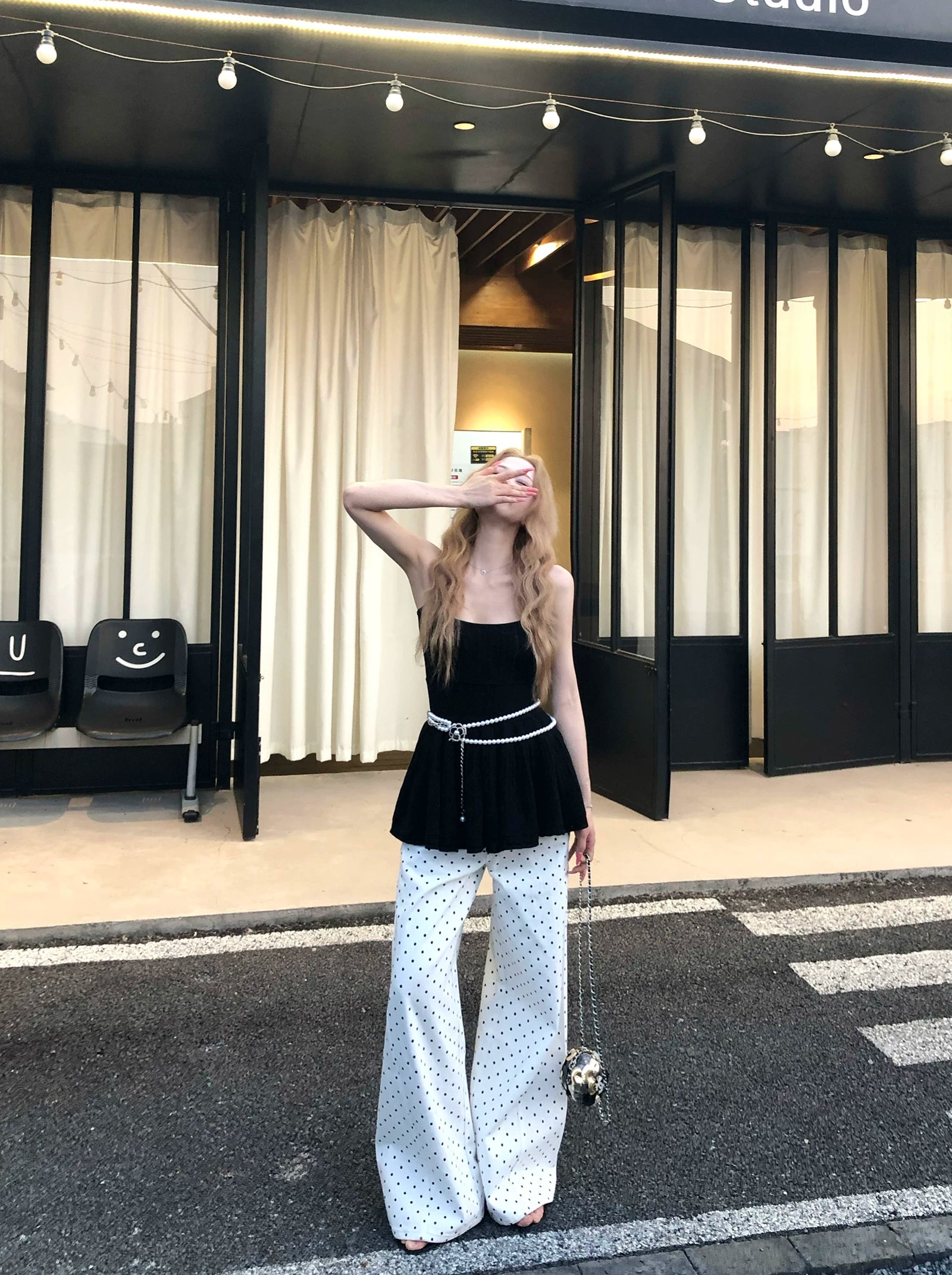 Barb Chill Suspender Top Polka Dot Wide Leg Pants Set