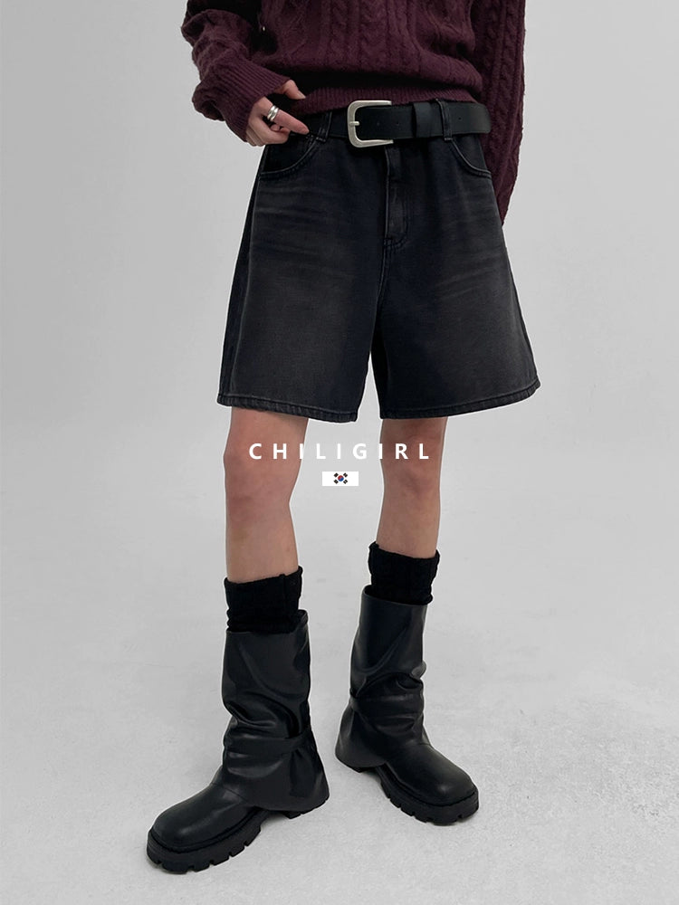 CHILIGIRL Belt Pleated Handsome Stacked Pants Tube Boots