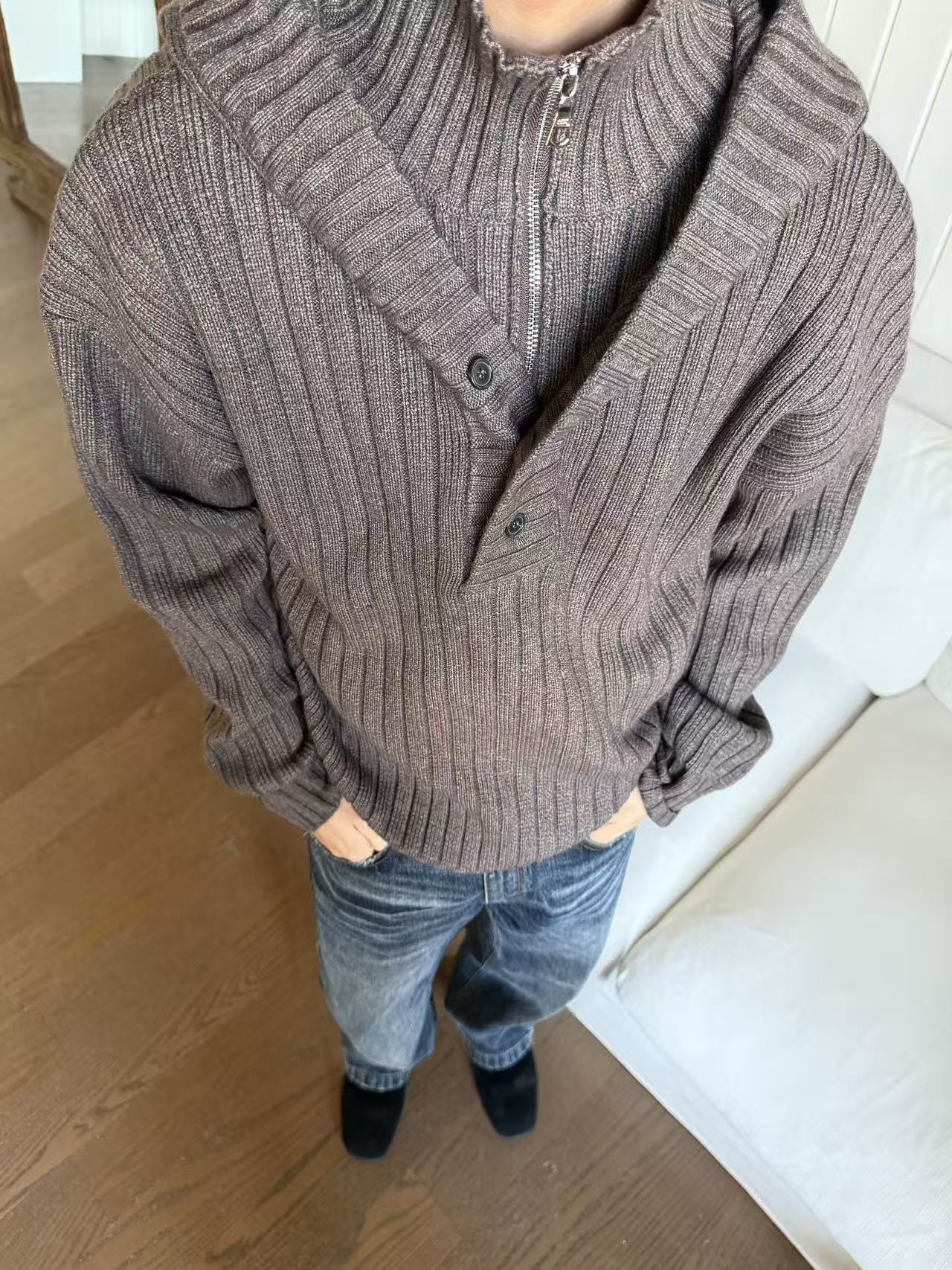 EME Fake Two-piece Stand-up Neck Hooded Thickened Knitted Sweater Jacket