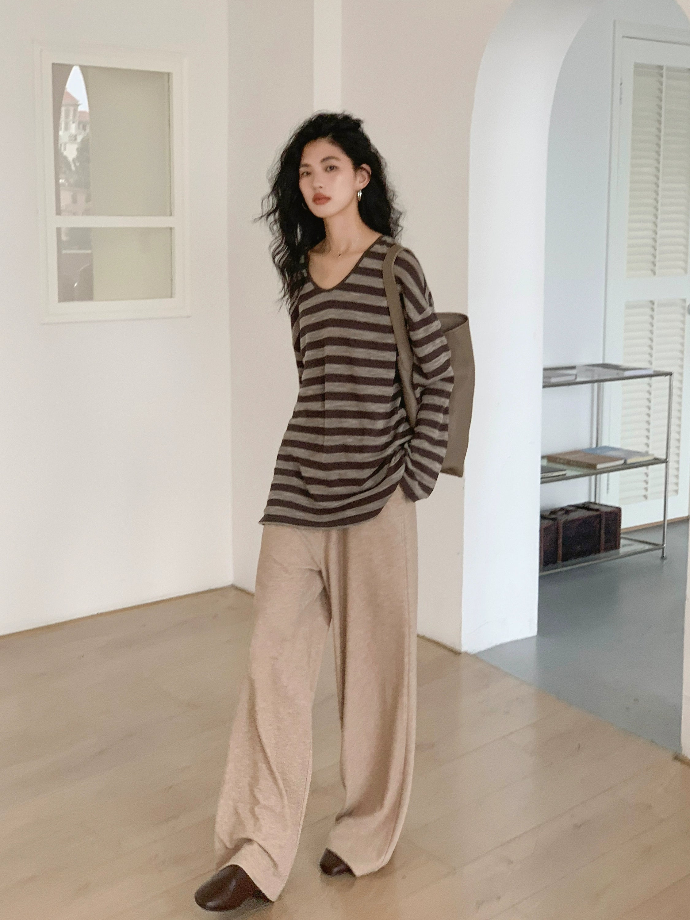 EM Vintage Striped V-Neck Loose Temperament Long Sleeve