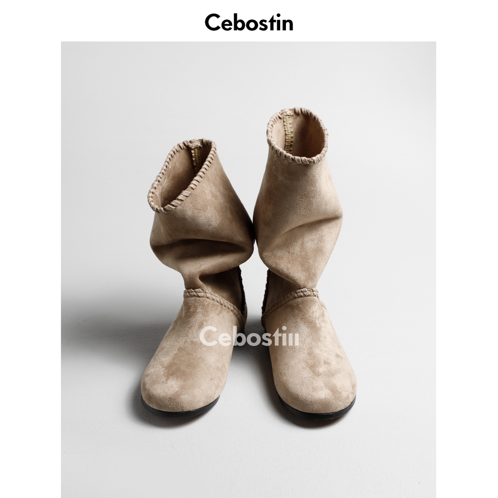 Cebostin Anti-fleece Leather Retro Flat-bottomed High Boots