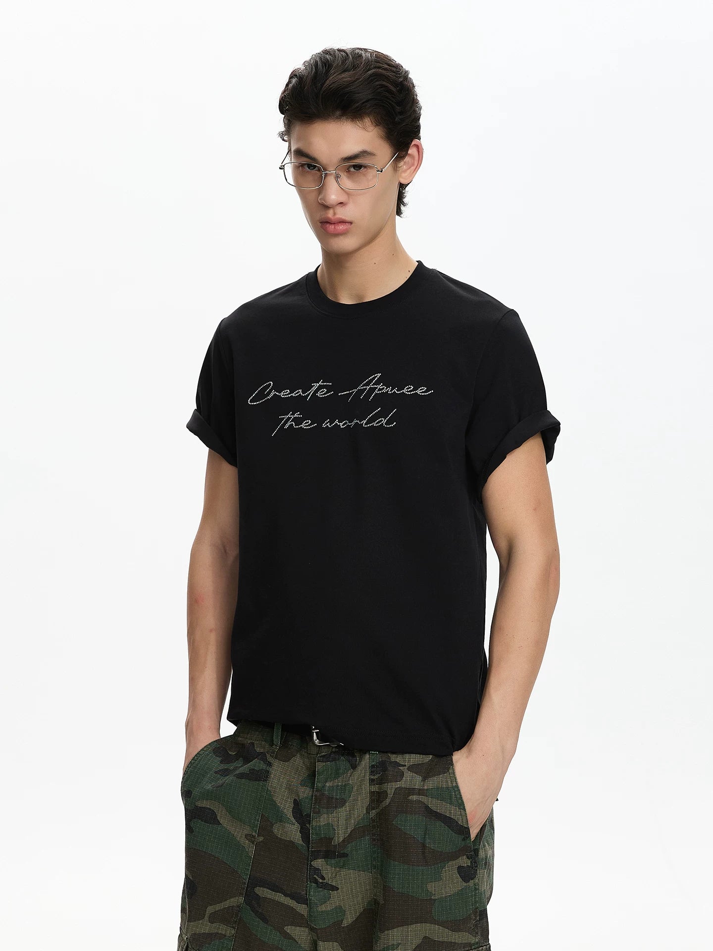 A PUEE Vintage Premium Letter Hot Diamond Shoulder Tee