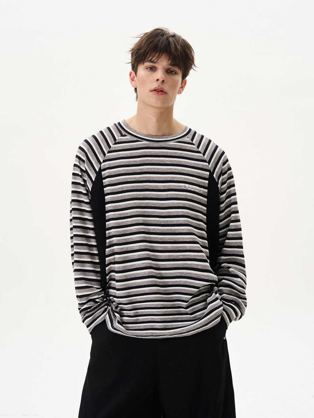BTSG splicing striped texture waffle crew neck long-sleeved Tee