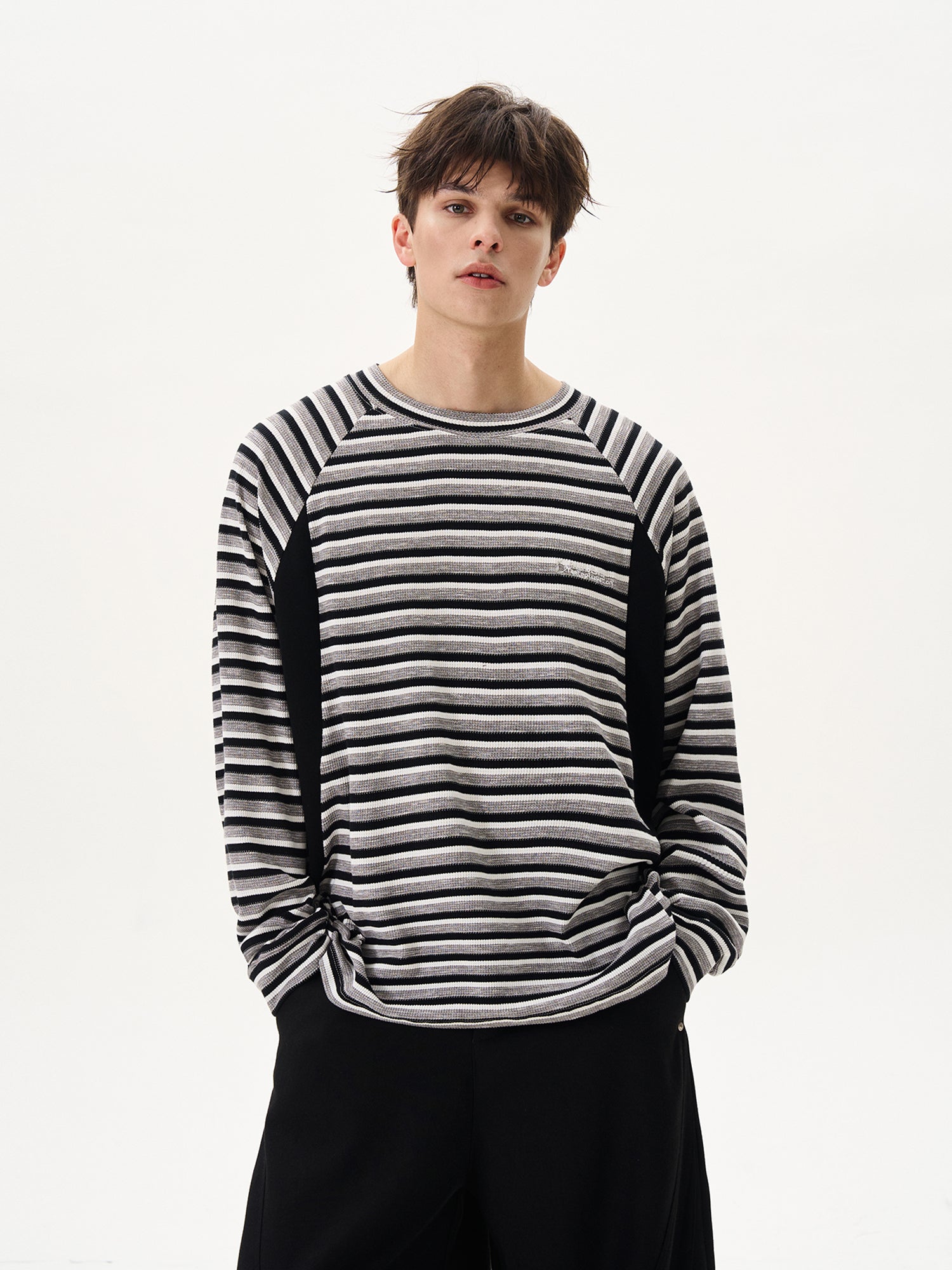 BTSG splicing striped texture waffle crew neck long-sleeved Tee