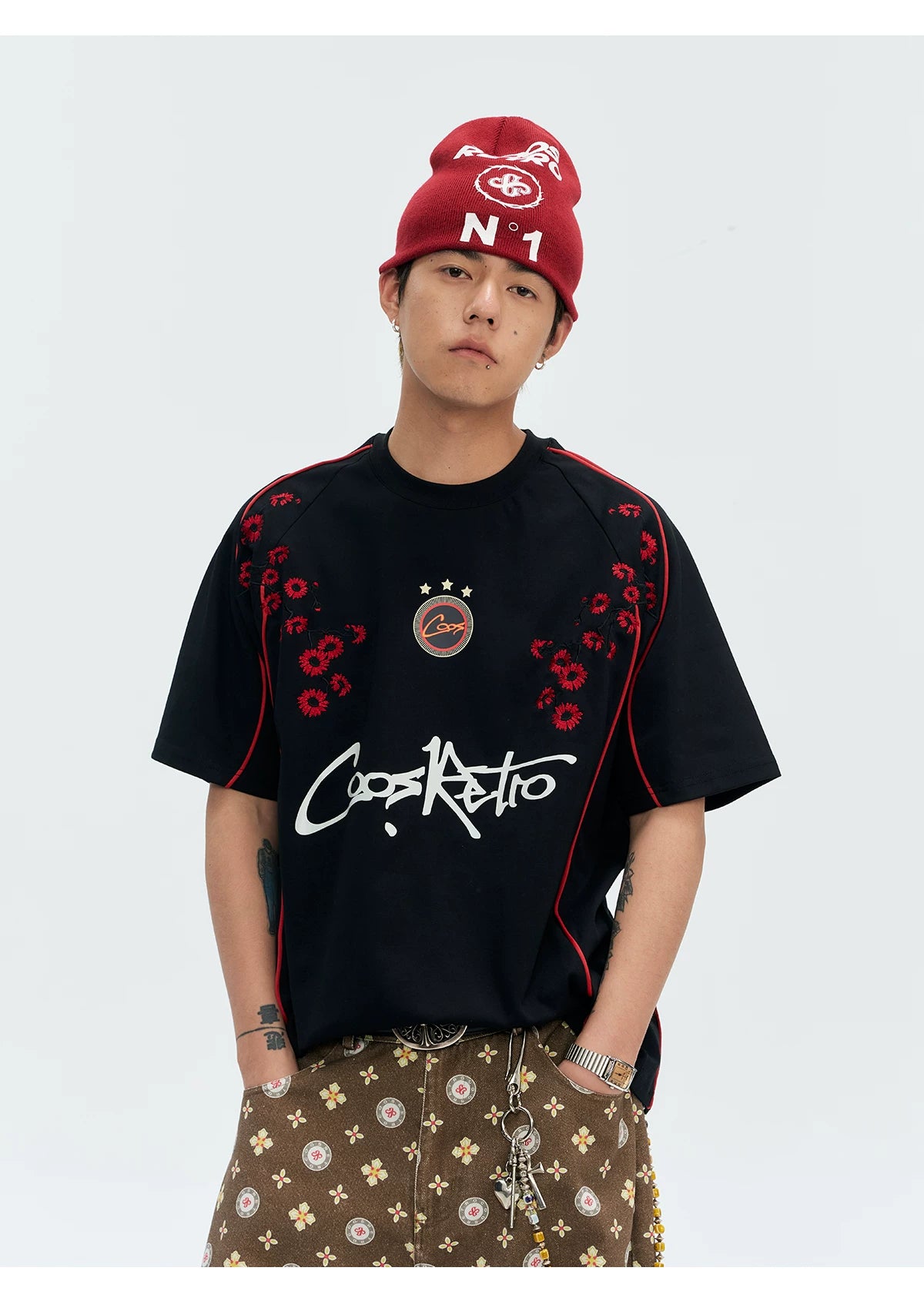 CoosRetro Retro Plum Blossom Embroidery Cool Loose Tee