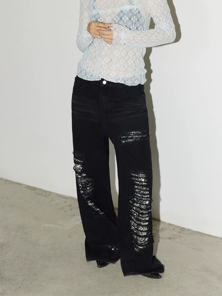 CONP Retro Sequined Ripped Jeans