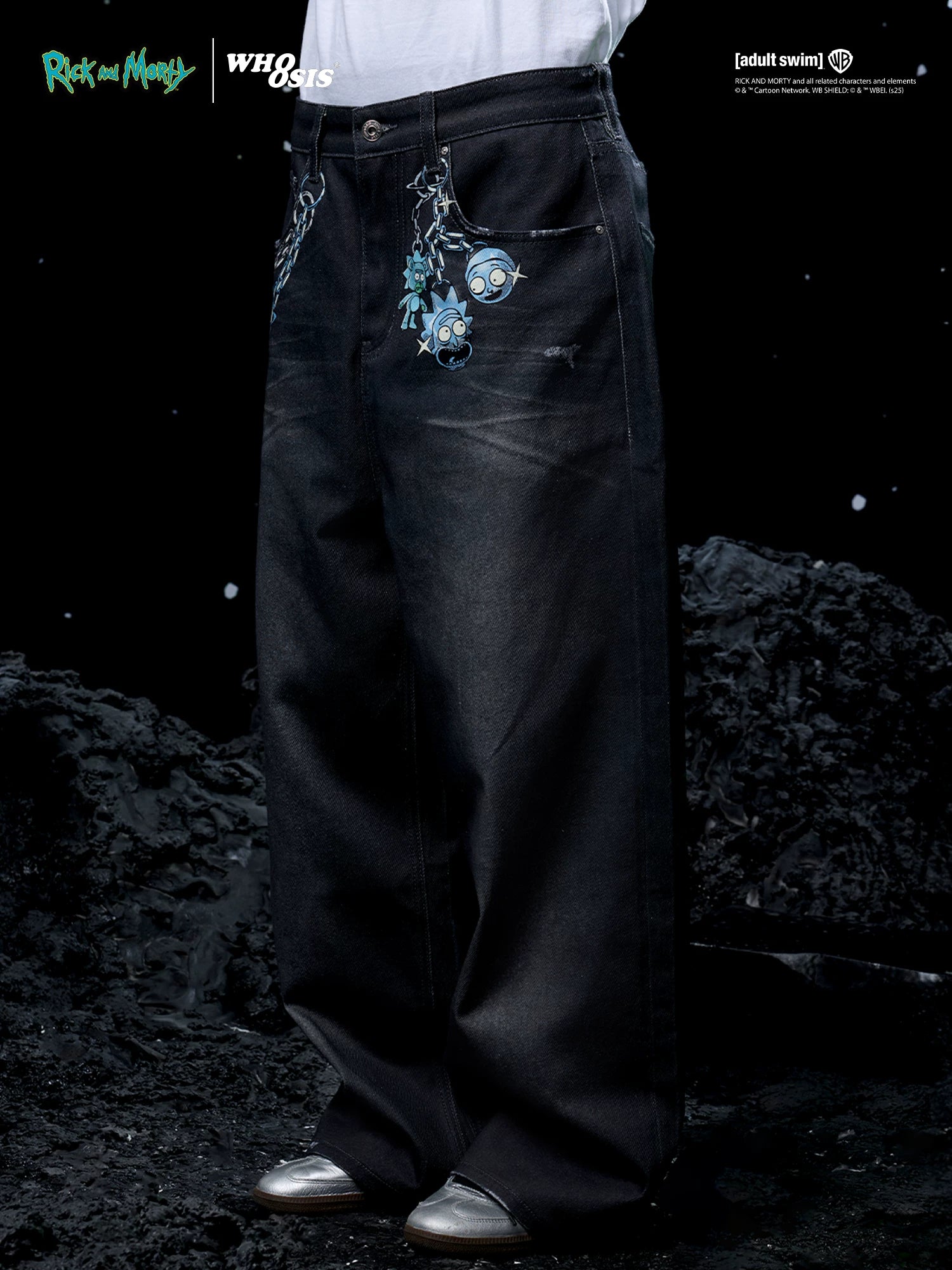 WHOOSIS Metal Pendant Denim Print Slacks