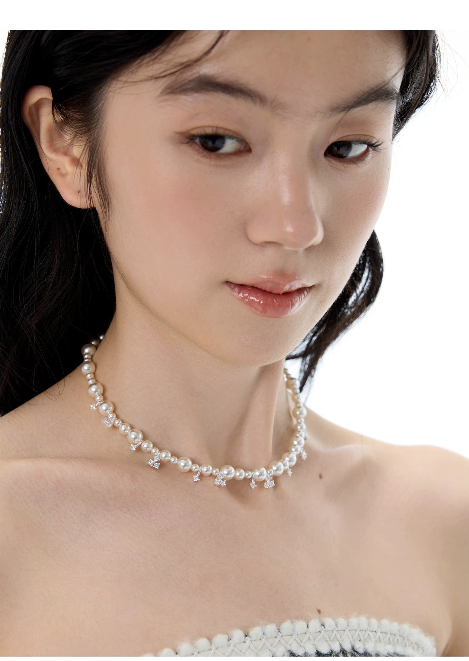 NO SOLUTION Silver Pearl Necklace Stacked with Light Luxury Collarbone Chain