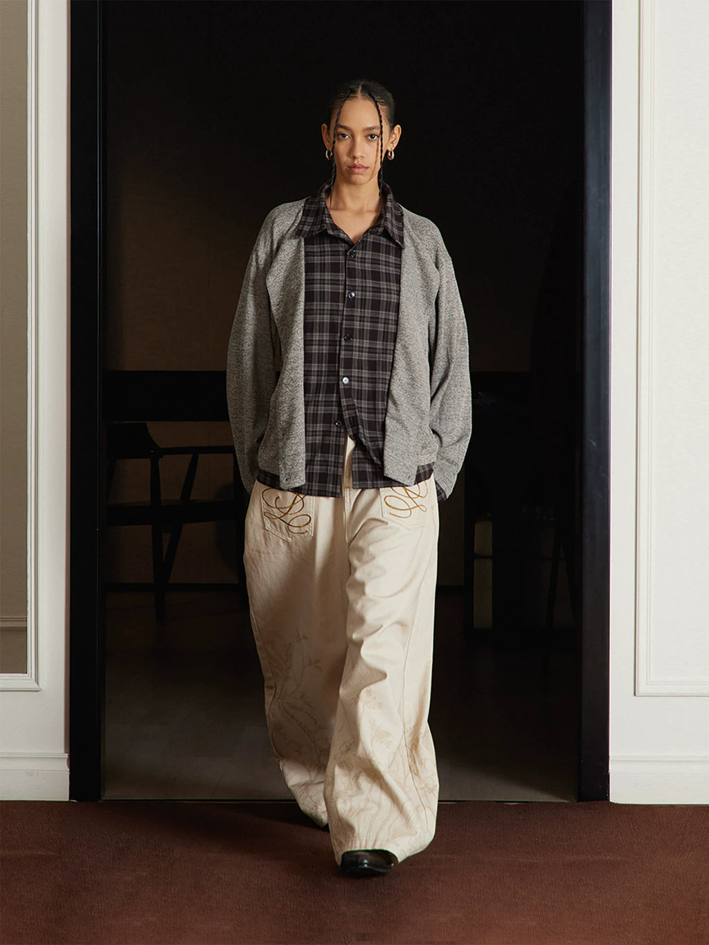 TZ Contrasting Color Layering Splicing Plaid Long-sleeved Shirt