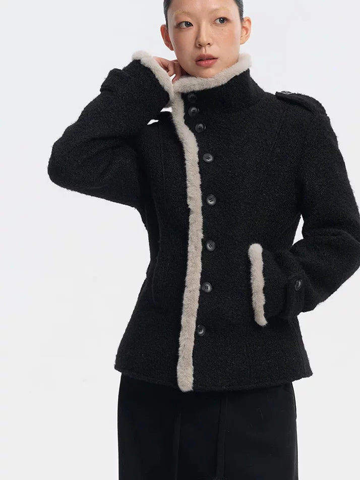 LINY LIBERTY Contrasting Top Stitching Stand-up Collar Woolen Jacket