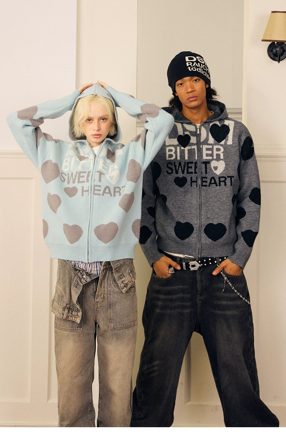 DONSMOKE Love Print Soft Waxy Lazy Contrasting Color Knitted Zipper Jacket