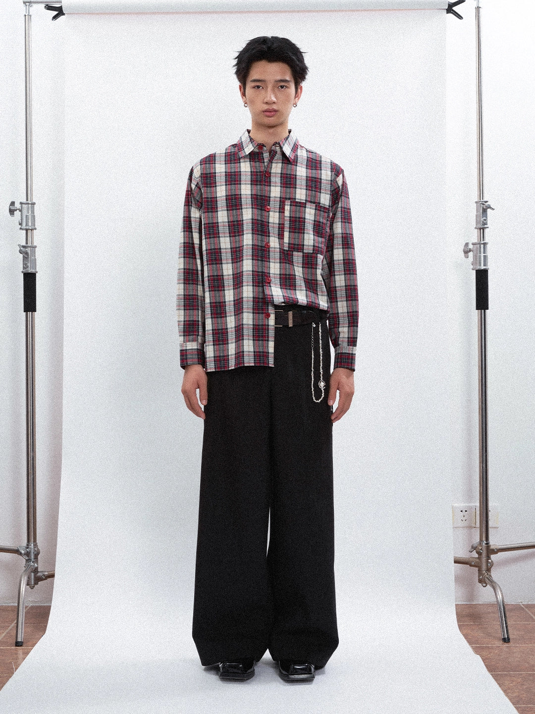 FUNKYFUN Contrasting Checked Loose Long-sleeved Shirt