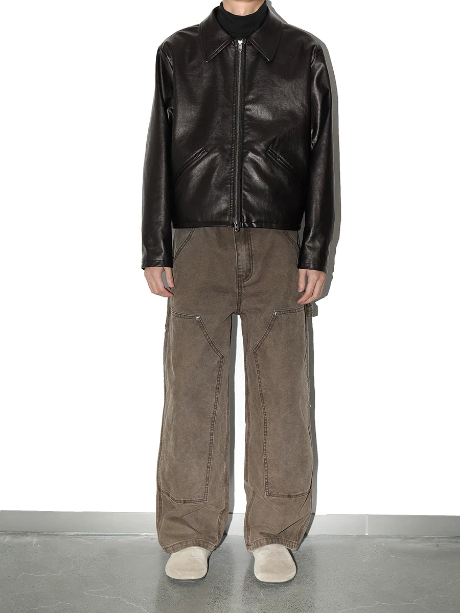 [PLUS NO LOGO] 25AW Lapel washable leather jacket