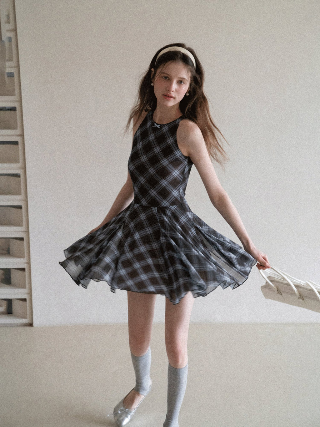 EGGKA Plaid Bow Vest Dress