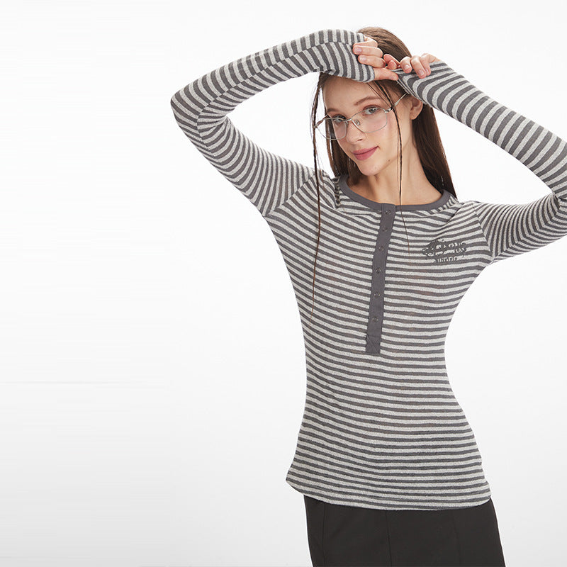 Nariele Henry Collar Slim Skinny Striped Long Sleeves