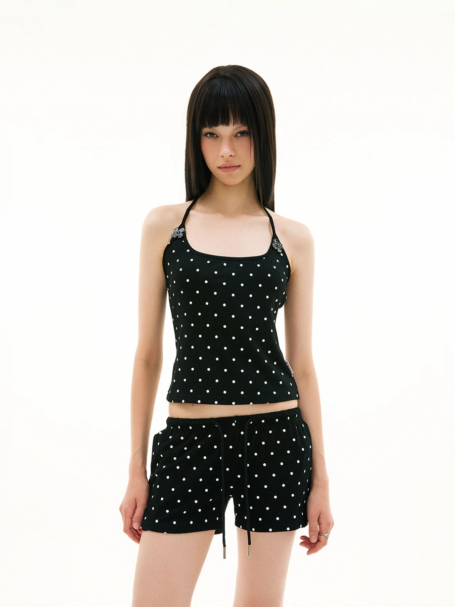 FUNKYFUN Full Printed Polka Dot Button Neck Sling Vest