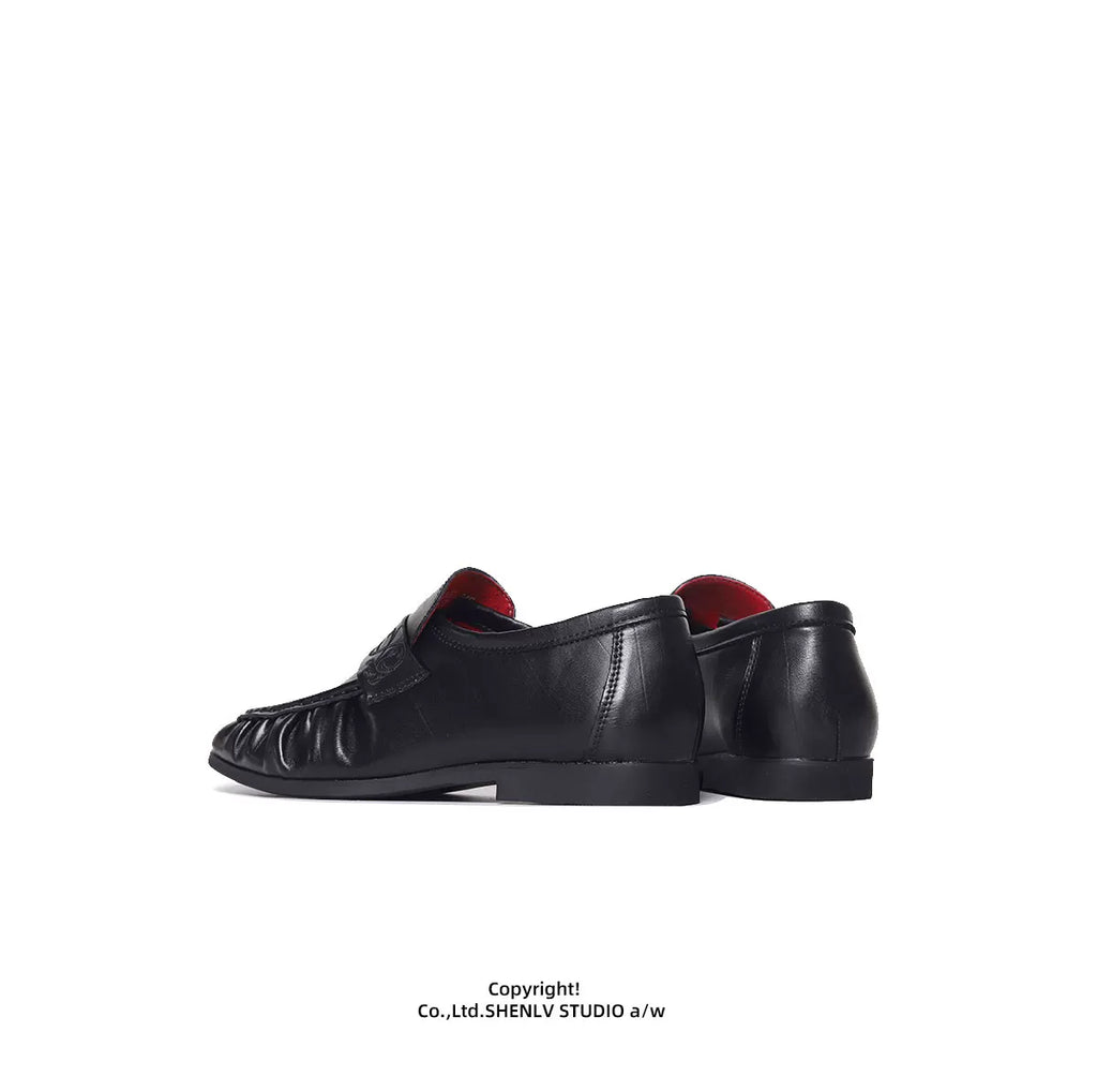 SHENLV STUDIO Pleated Niche Embroidered Casual Leather Shoes