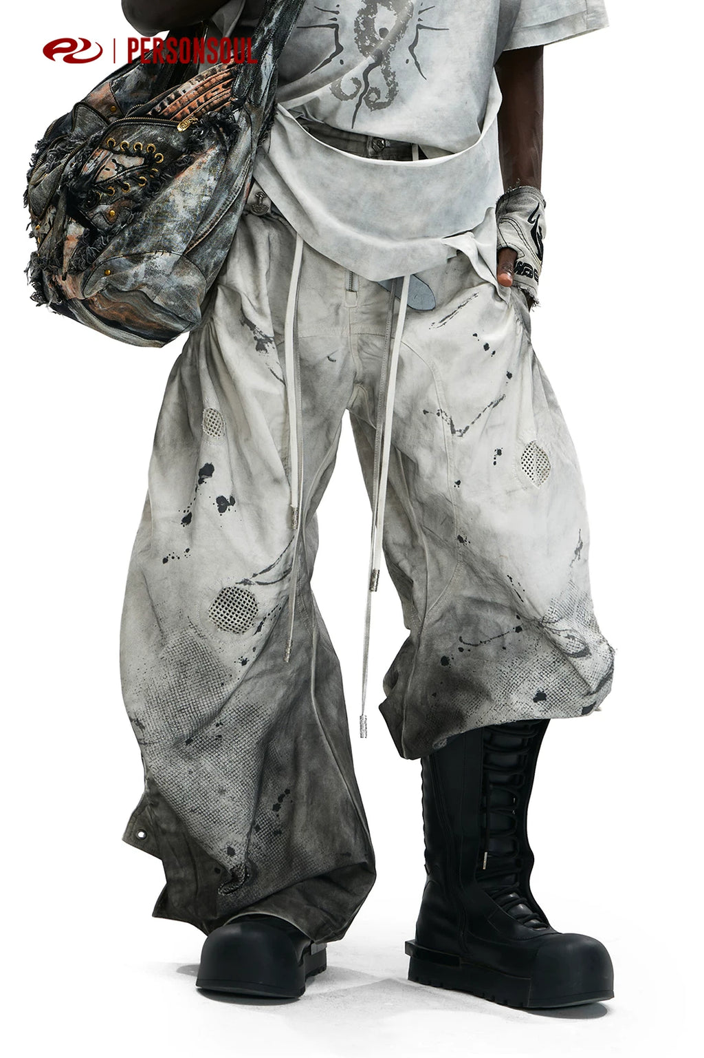 PERSONSOUL Inkjet Smudged Drawstring Jeans