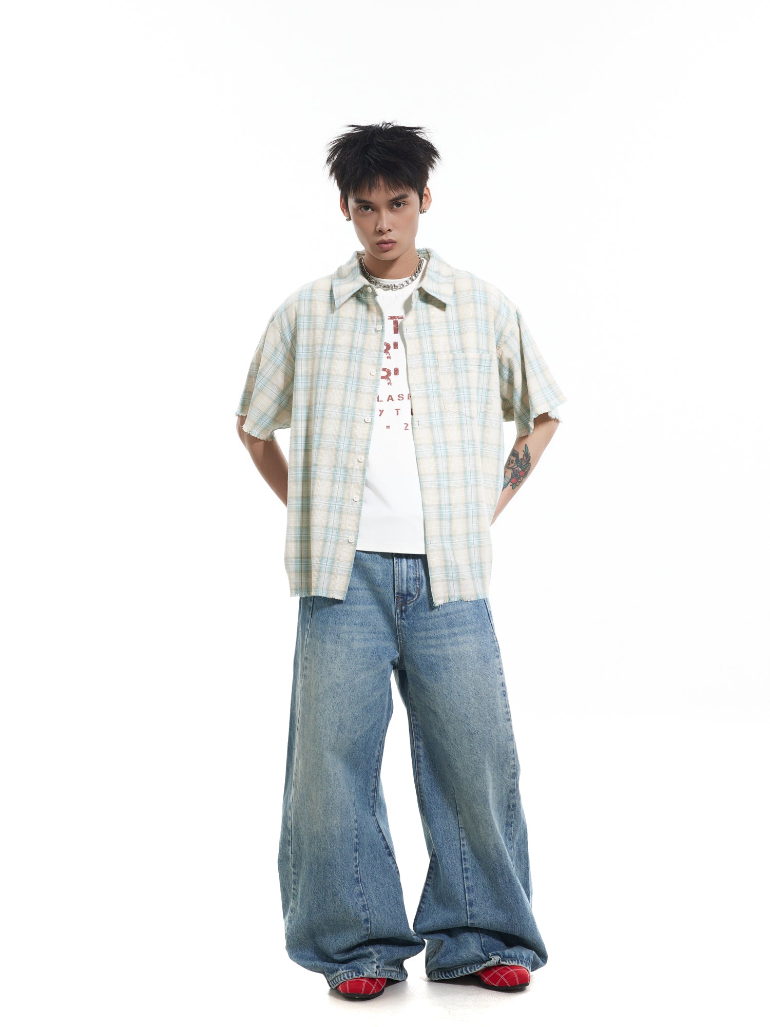 BTSG polished plaid burr short-sleeved shirt