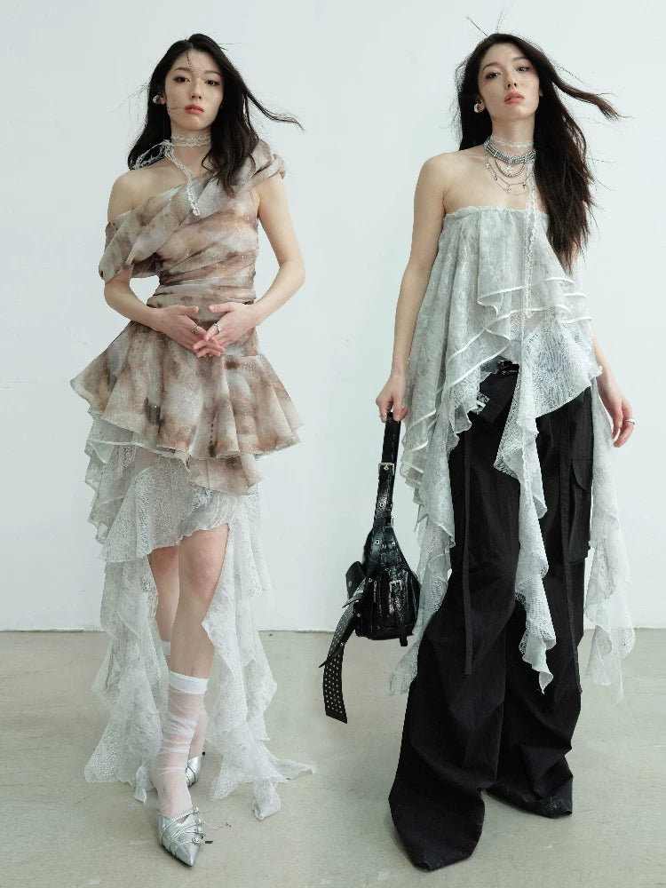 JNYLON Tulle Irregular Two Wear Tube Top Skirt