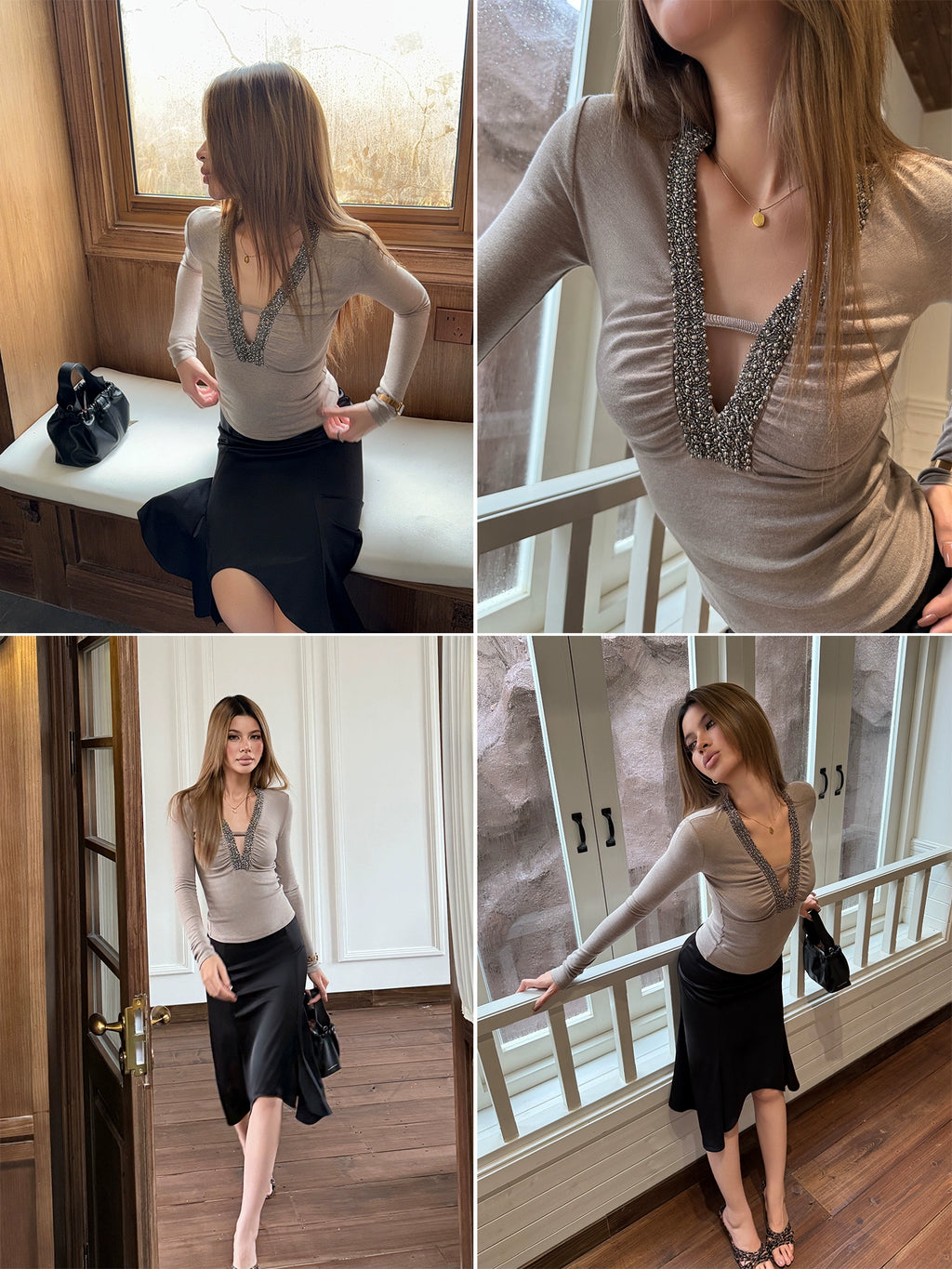 Audwyn V Neck Bead Slim Sleeve