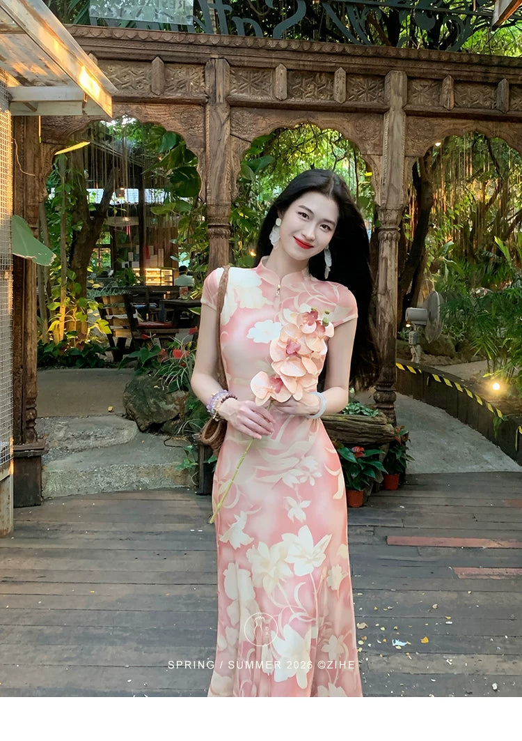 ZIHE New Chinese Mesh Fishtail Cheongsam Dress