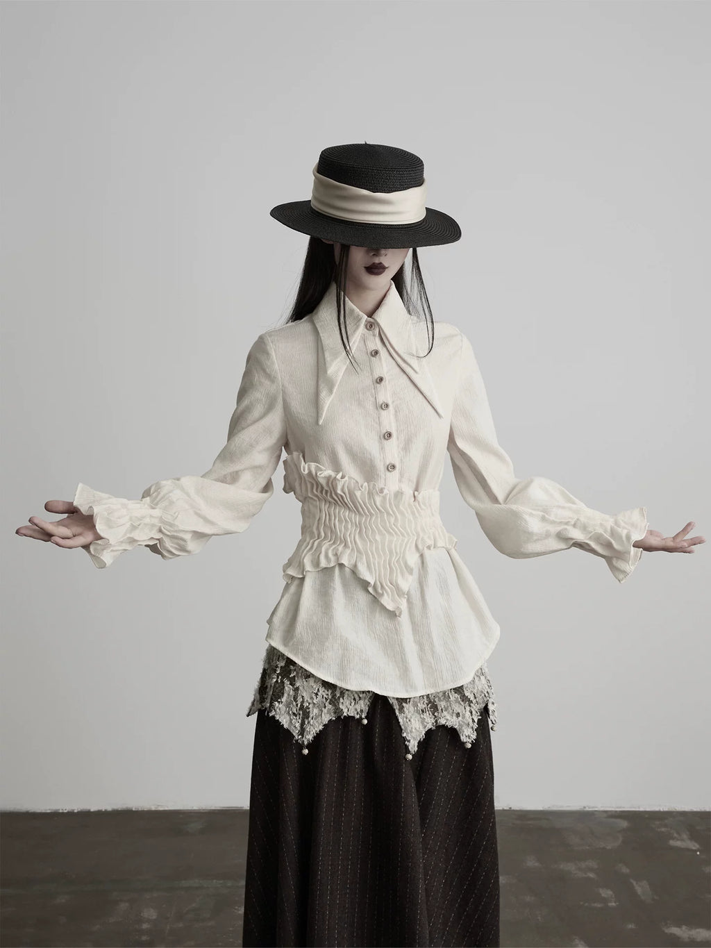 INDULGE Irregular Pleated Sleeve Shirt Long Sleeve