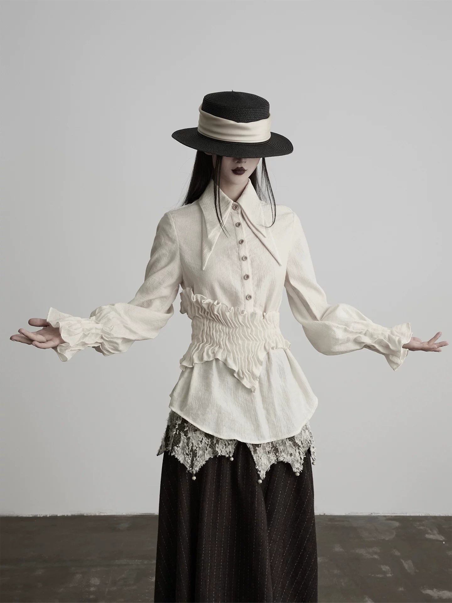 INDULGE Irregular Pleated Sleeve Shirt Long Sleeve